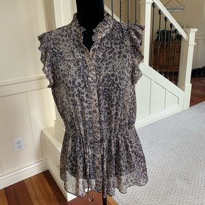 All Saints Leopard Print Ruffle Peplum Blouse in Taupe and Black